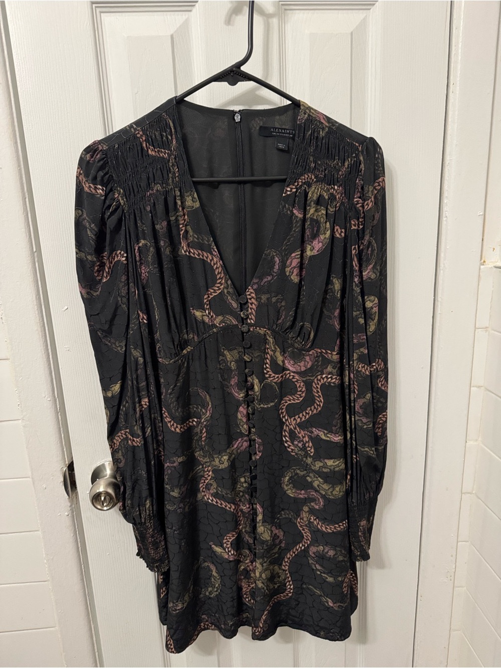 AllSaints Black Snake Print Mini Dress with Flowy Skirt